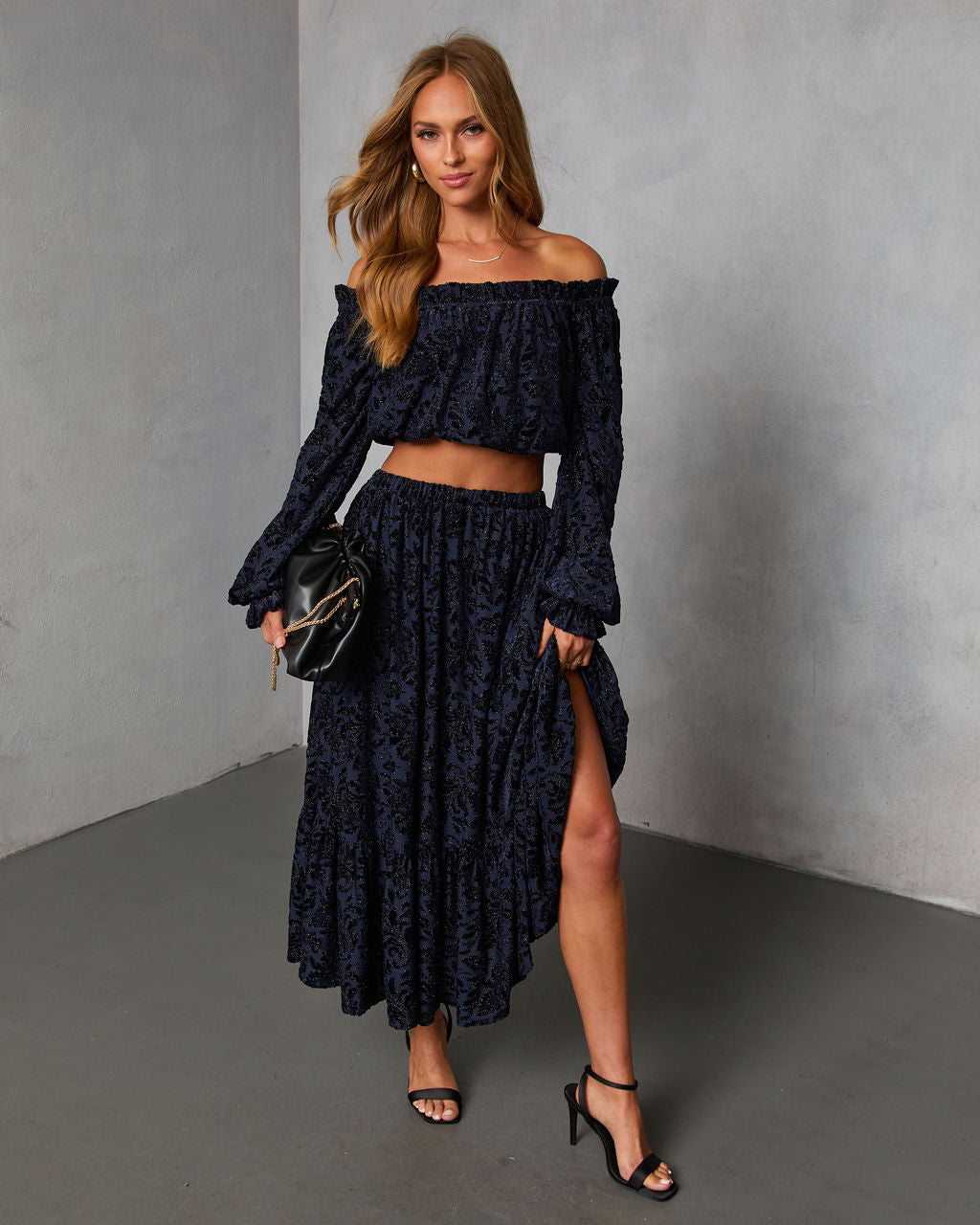 Miriza Flocked Mesh Velvet Off The Shoulder Top