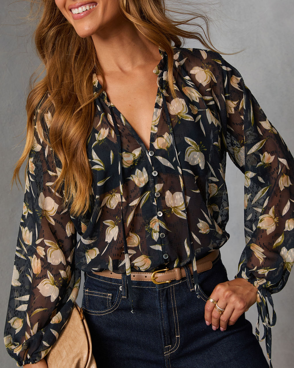 Rustic Bloom Printed Neck Tie Top