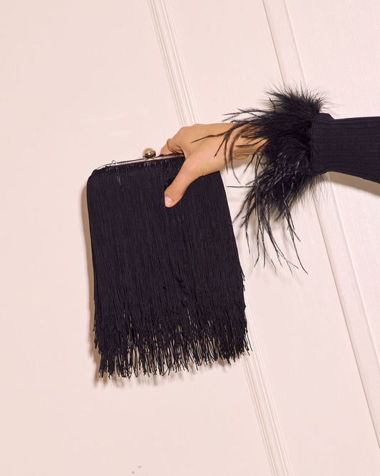 Jacqelin Fringe Faux Pearl Top Handle Bag