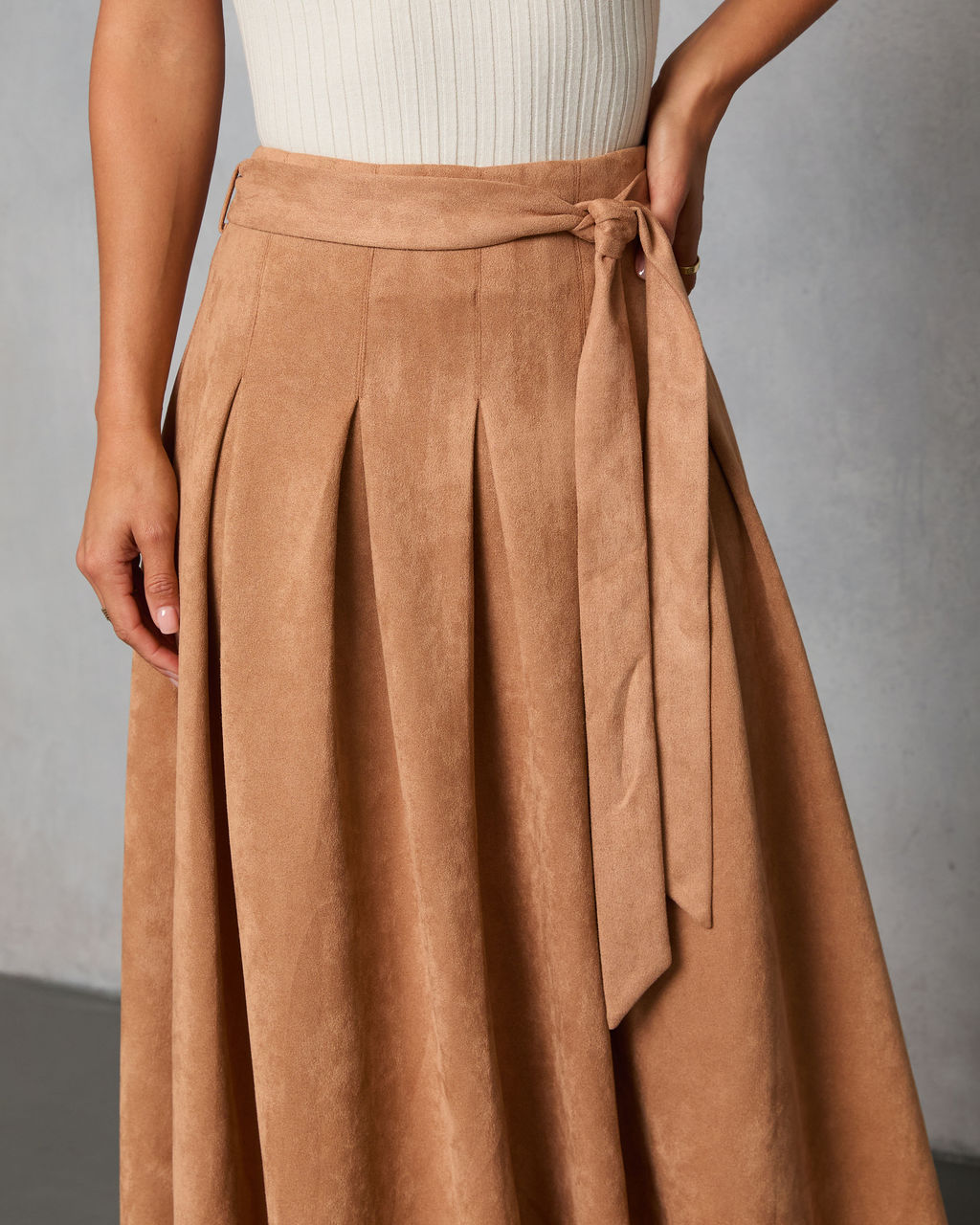 Table Ready Suede Waist Tie Pleated Midi Skirt