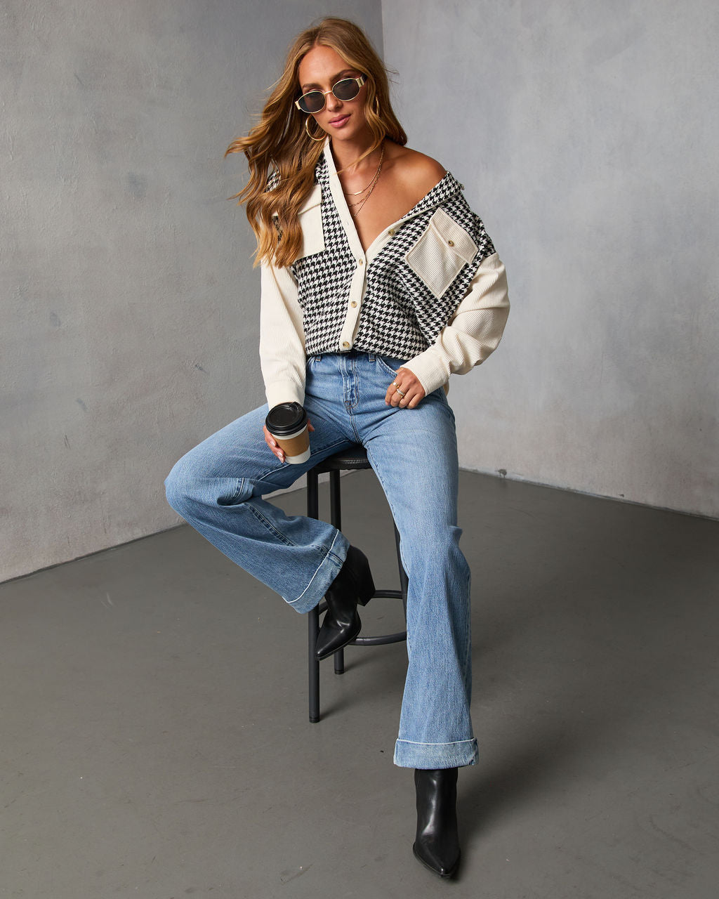 Klarah Houndstooth Button Front Shirt Jacket