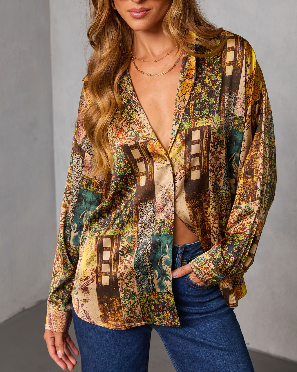 Fallowed Field Print Button Up Top