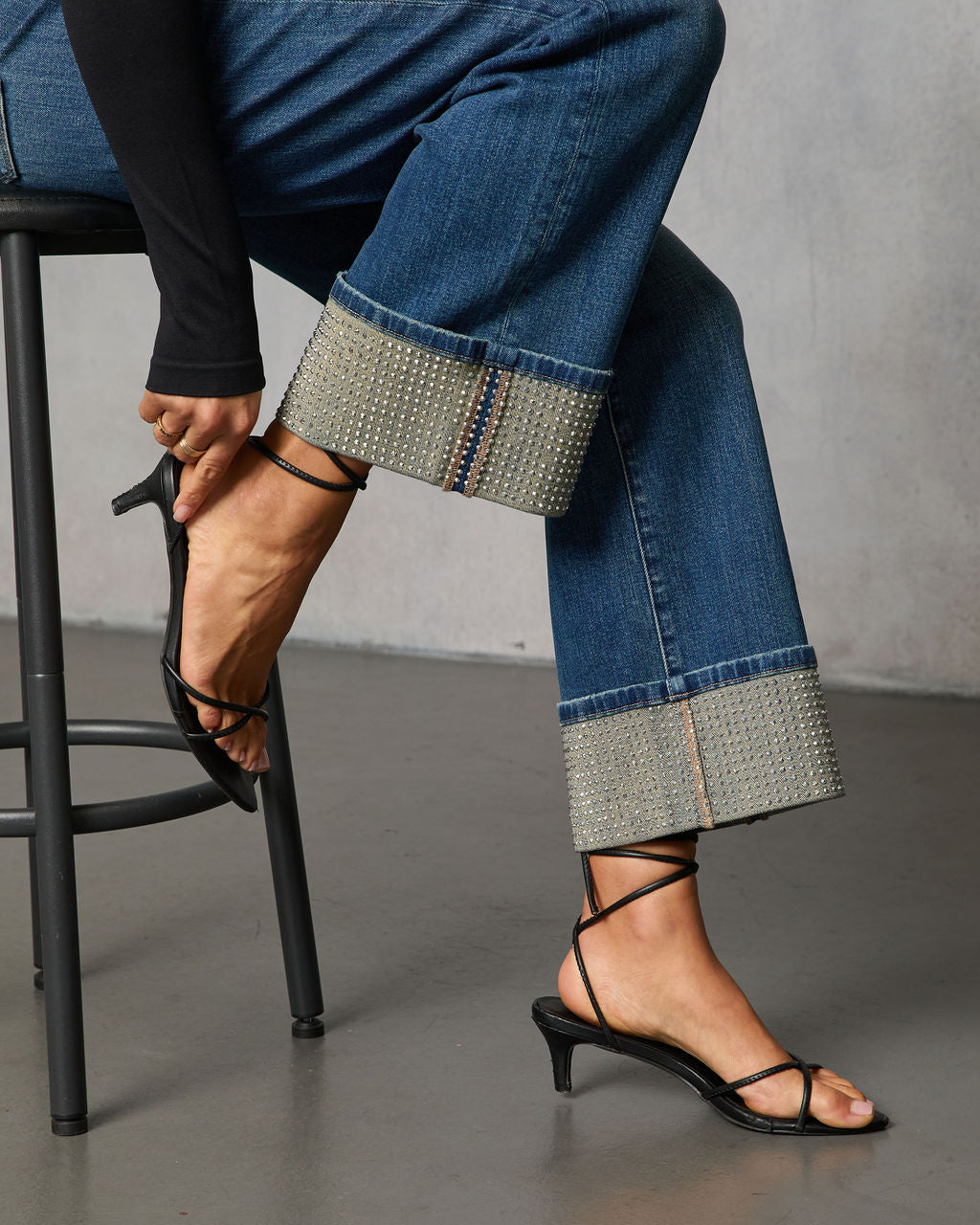 Sparkle Season Stretch Wide Leg Embellished Cuff Jeans