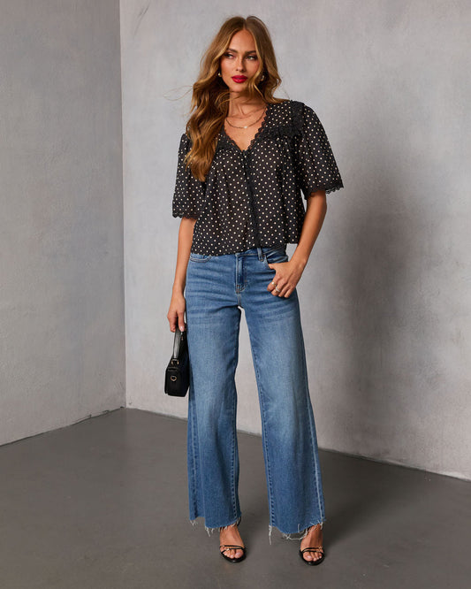 Darling Spark Polka Dot Lace Trim Blouse