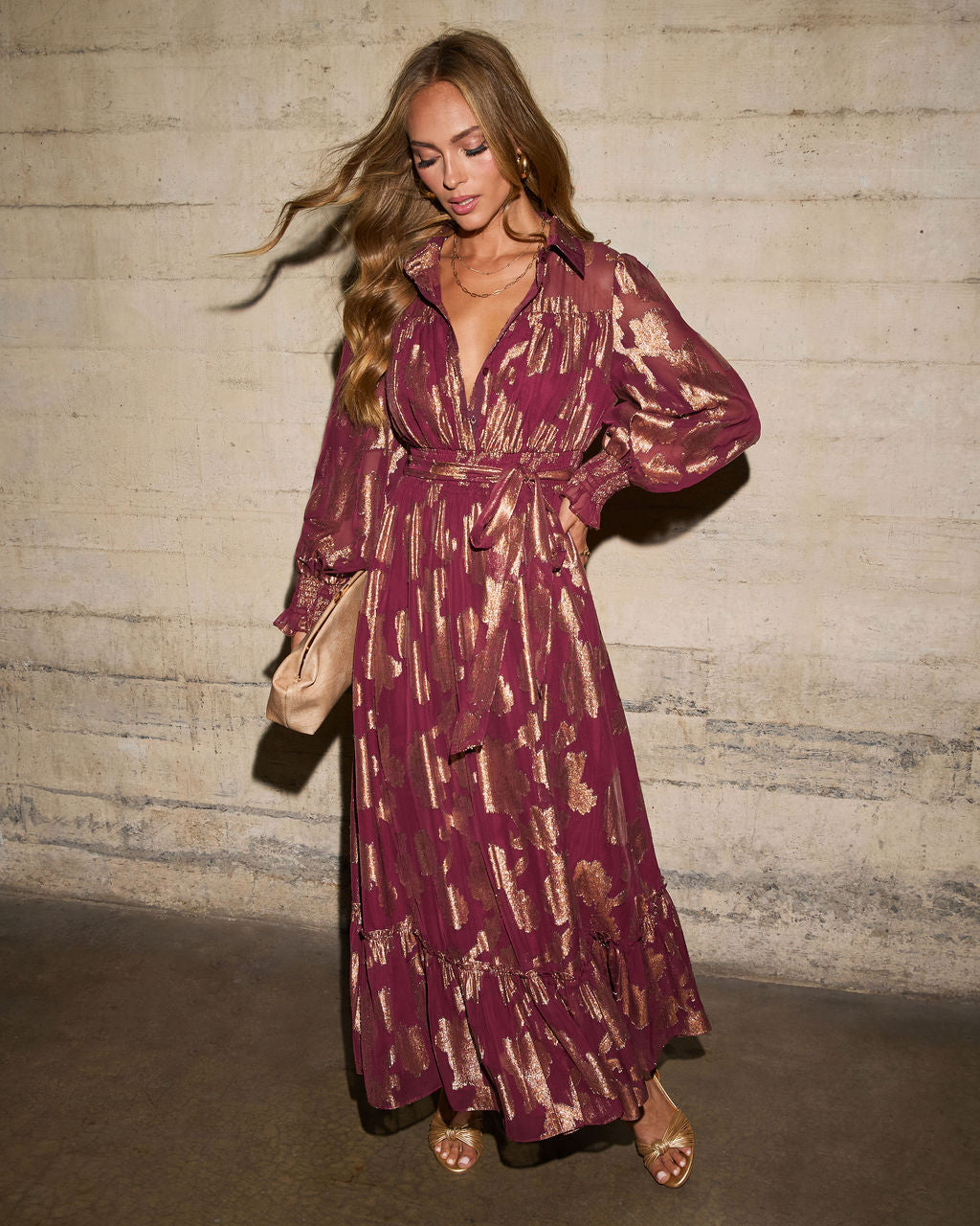 Vionette Printed Wrap Tie Maxi Dress