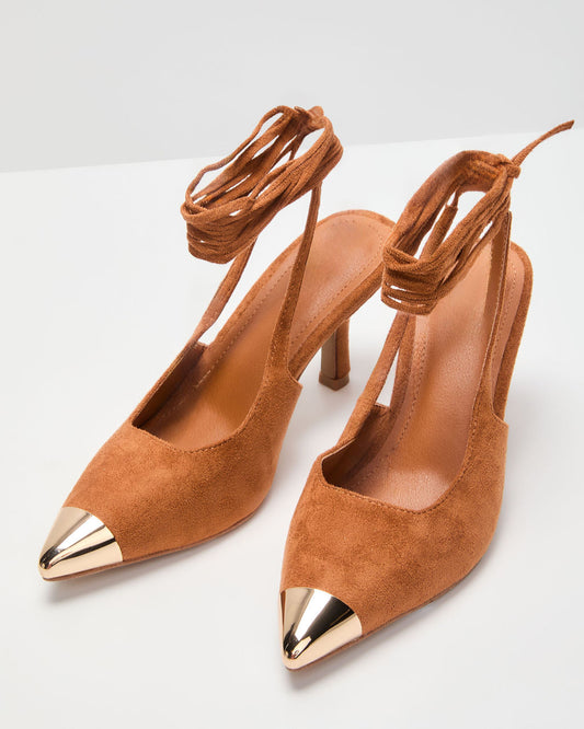 Louder Suede Metal Toe Lace Up Heels
