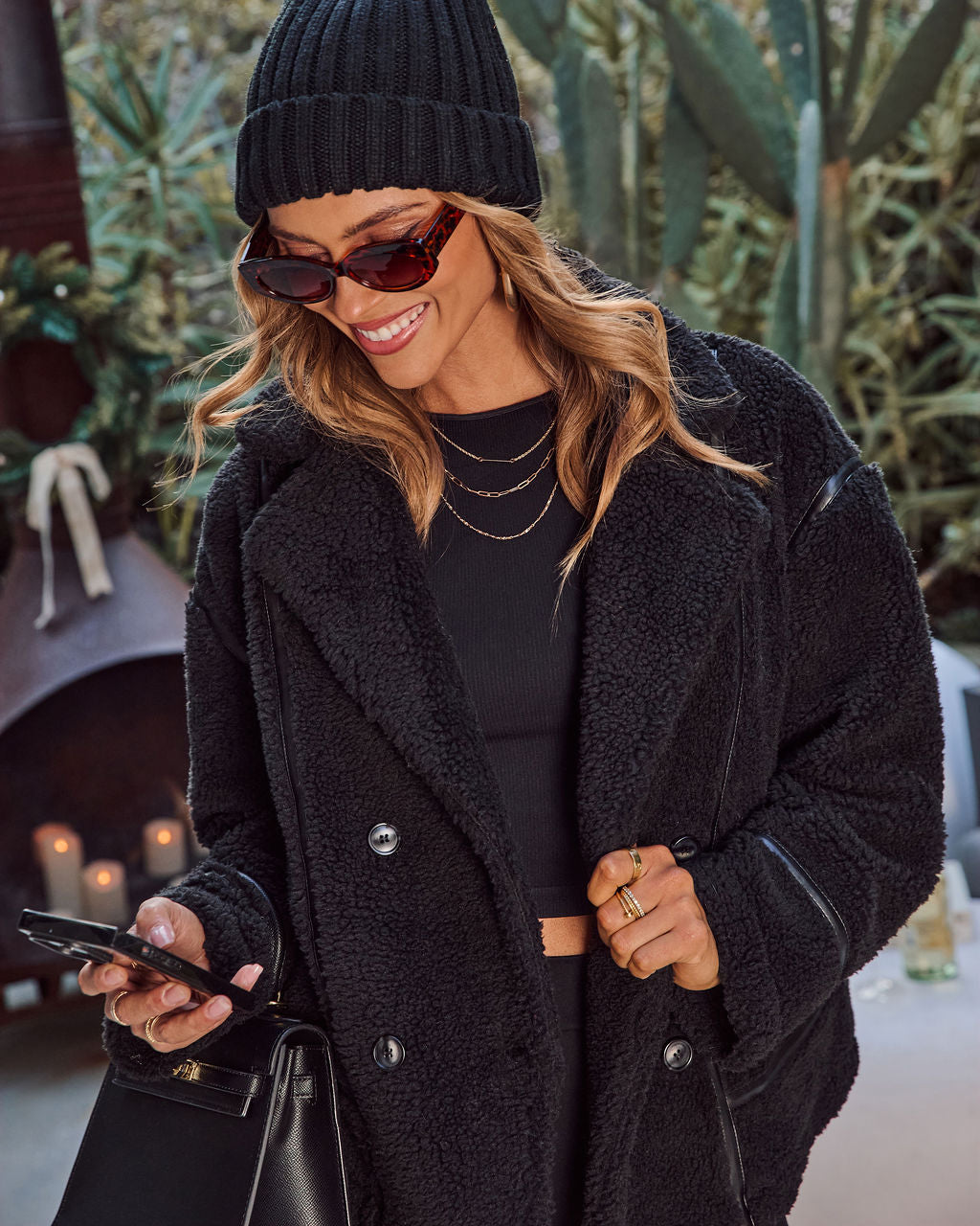 Marcelo Teddy Vegan Leather Trim Moto Coat