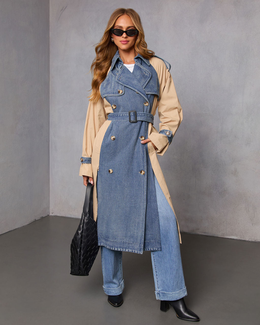 Fallen Oak Denim Contrast Trench Coat