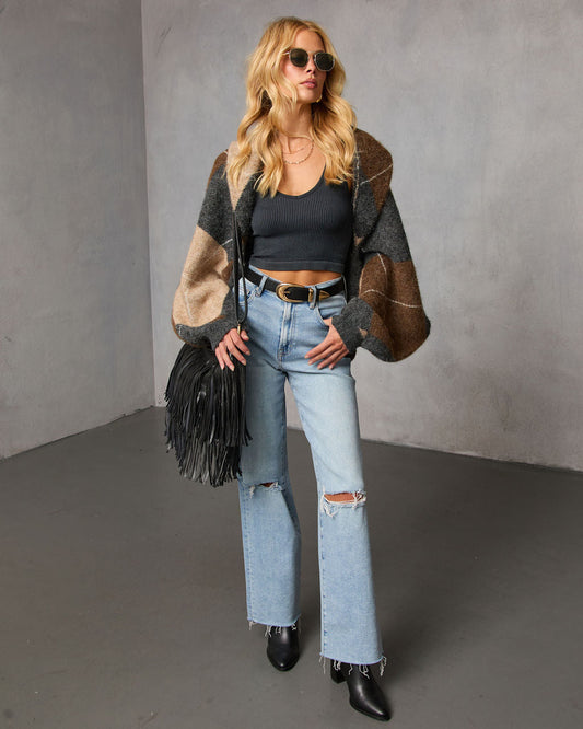 Marenne Cropped Argyle Print Cardigan