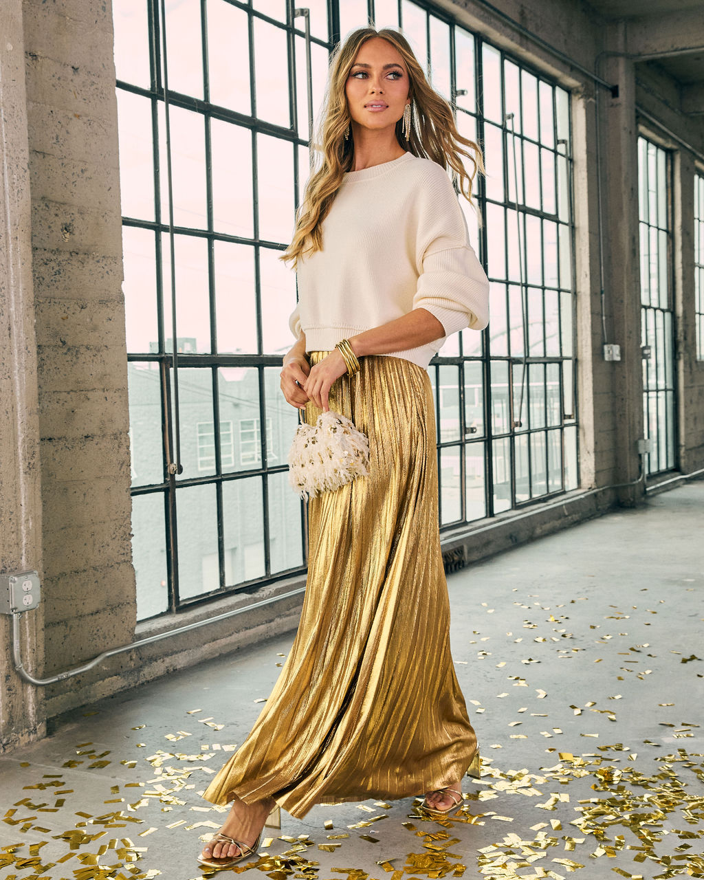 Maxeen Pleated Metallic Maxi Skirt