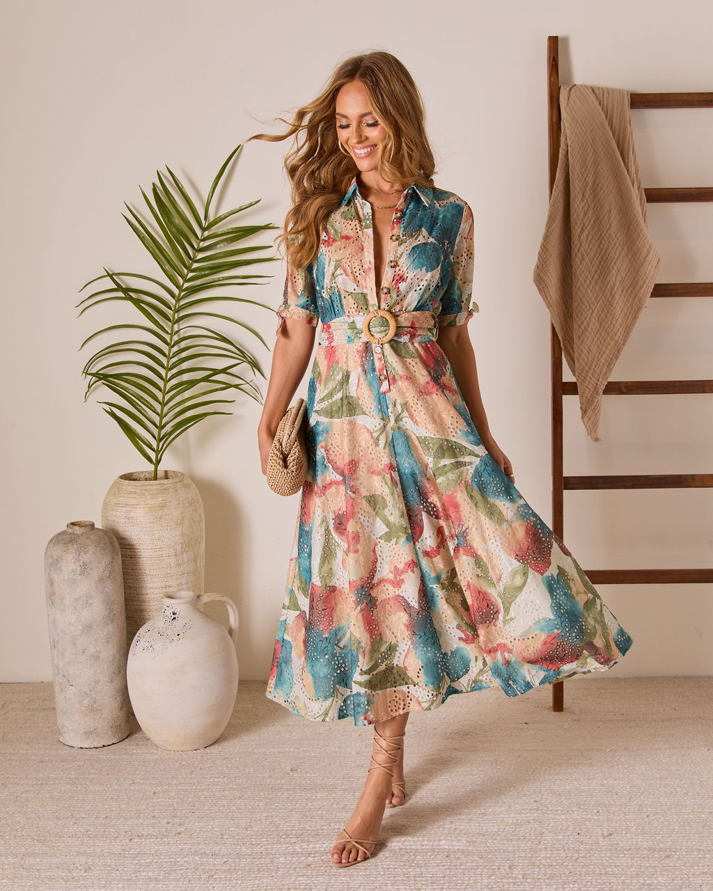 Citrus Splash Belted Eyelet Midi Dress