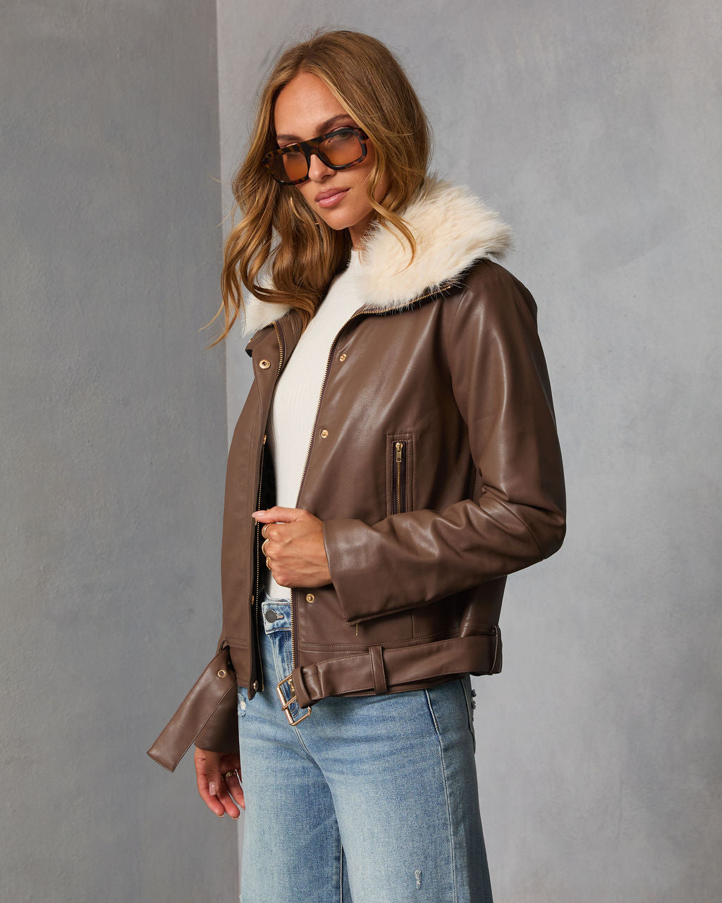 Georginna Leather Faux Fur Collar Moto Jacket