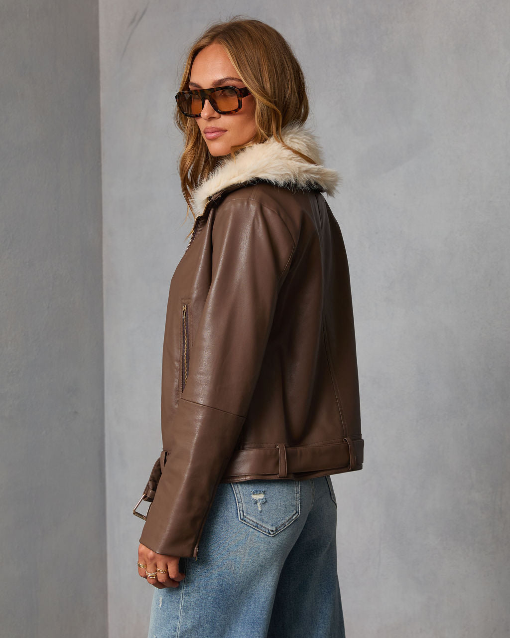 Georginna Leather Faux Fur Collar Moto Jacket