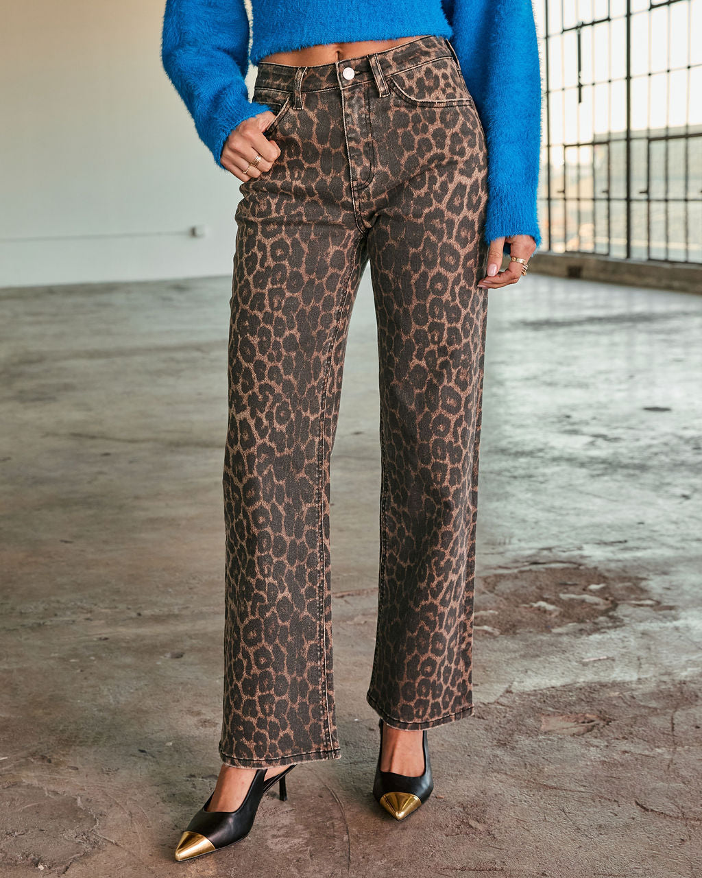 Yaron Stretch Leopard Print Wide Leg Jeans