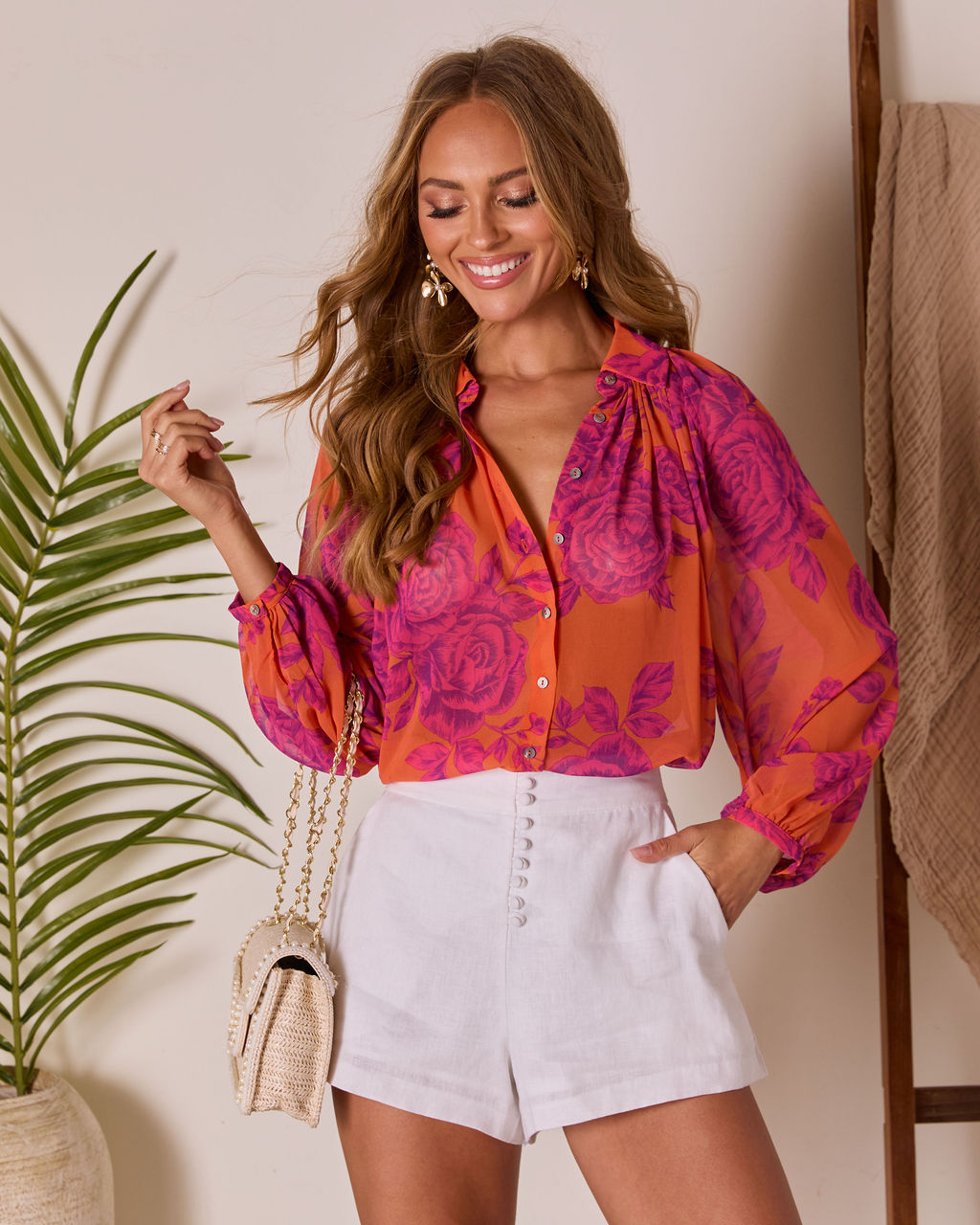 Remeah Print Pleated Chiffon Top