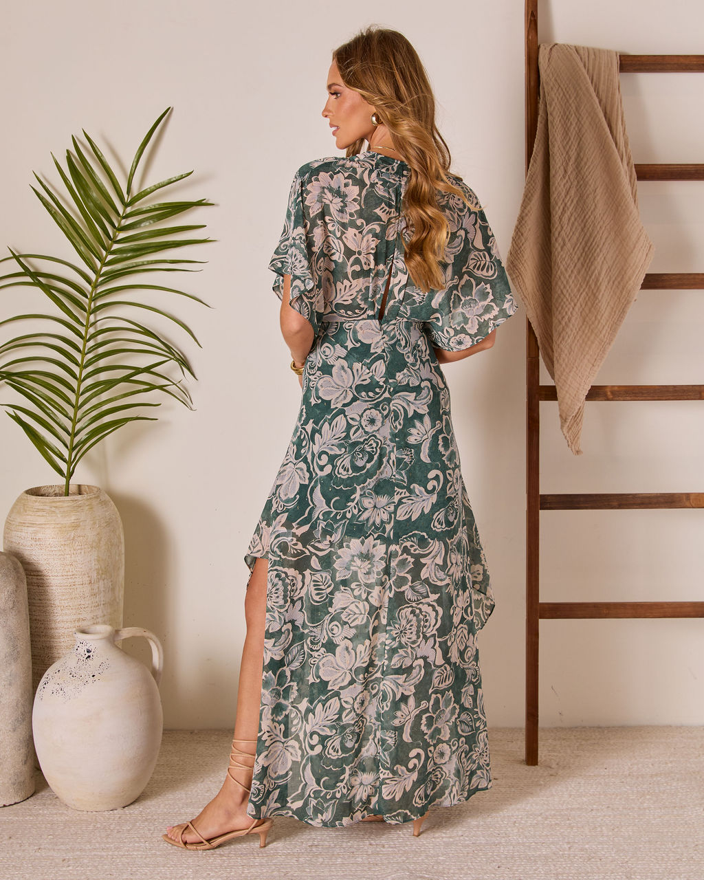 Blue Lagoon Abstract Kimono Sleeve Maxi Dress