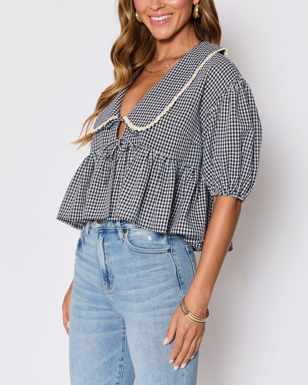 Hart Collared Gingham Babydoll Top