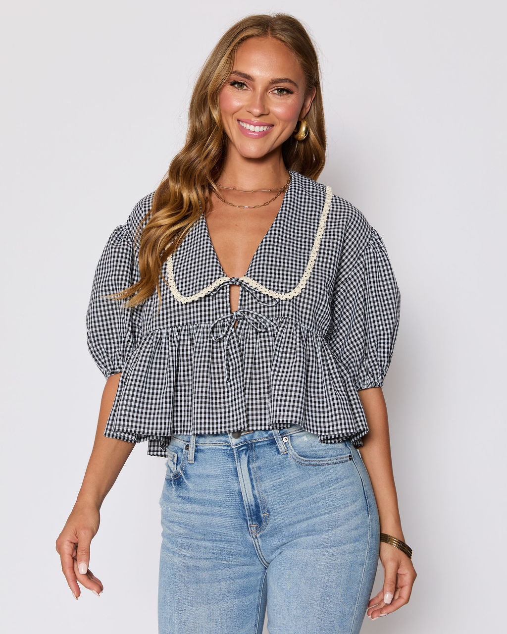 Hart Collared Gingham Babydoll Top