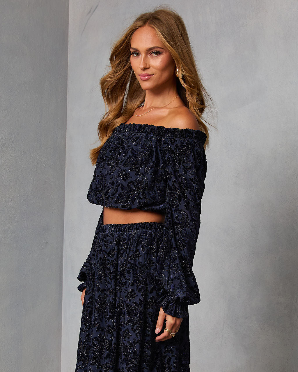 Miriza Flocked Mesh Velvet Off The Shoulder Top