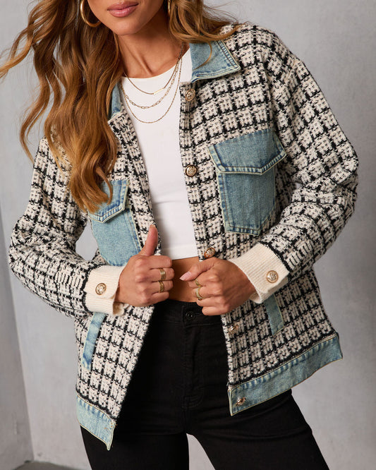 Cozy Together Tweed Denim Panel Button Up Coat