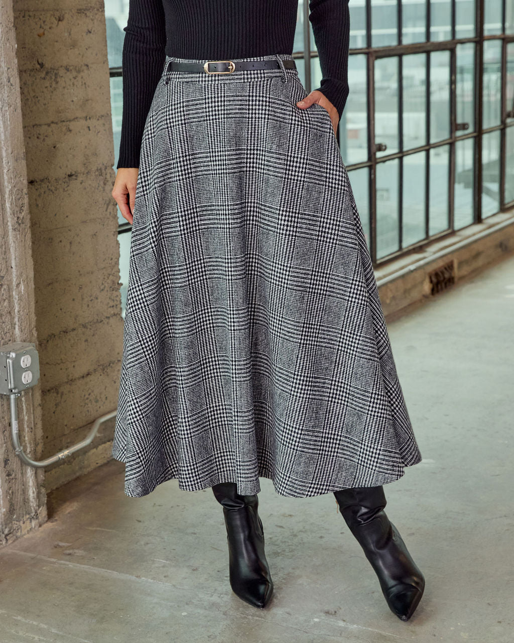 Marqline Belted Plaid Maxi Skirt