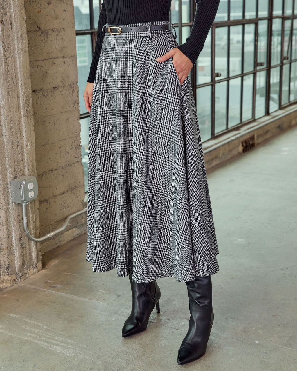 Marqline Belted Plaid Maxi Skirt