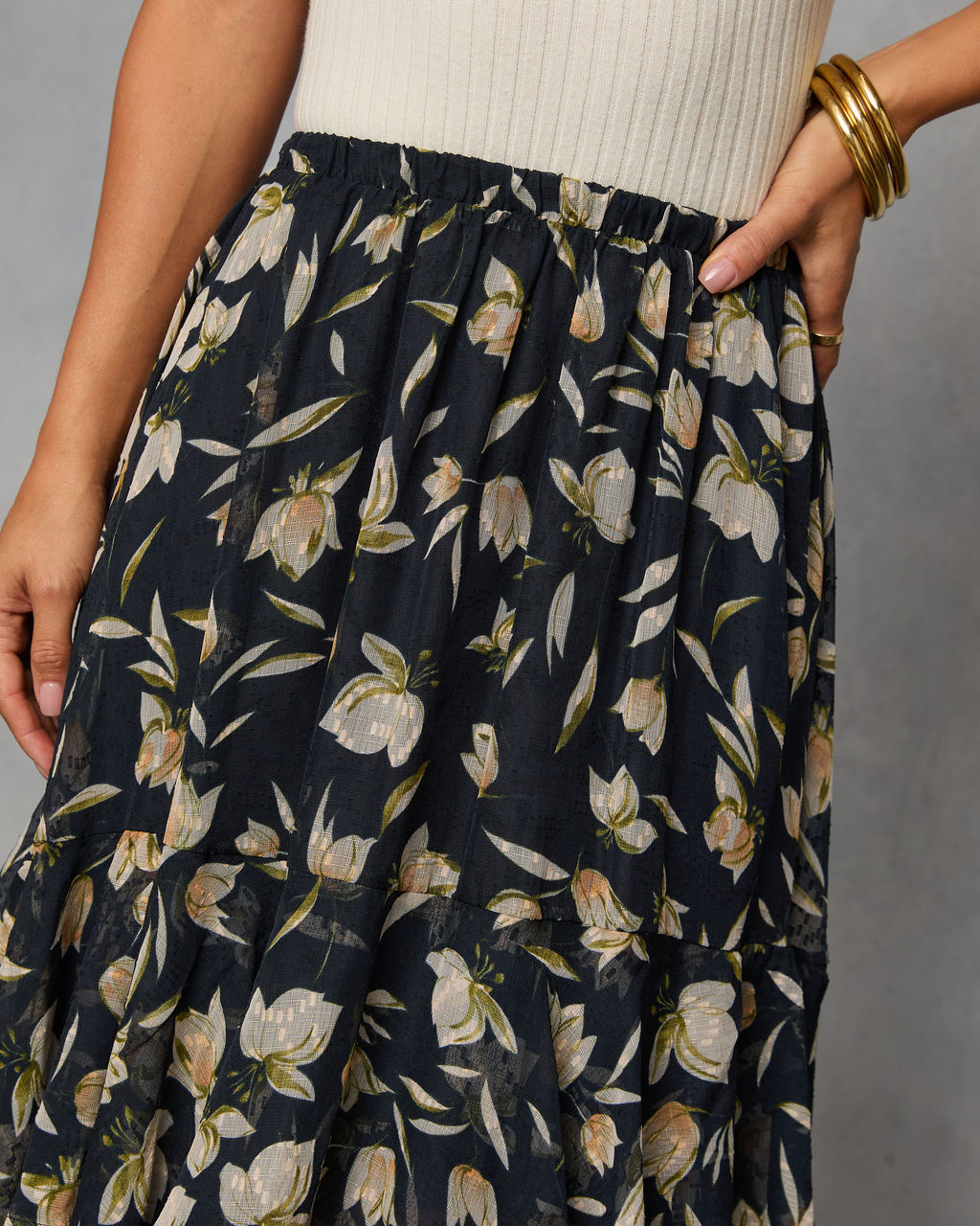 Rustic Bloom Printed Tiered Maxi Skirt