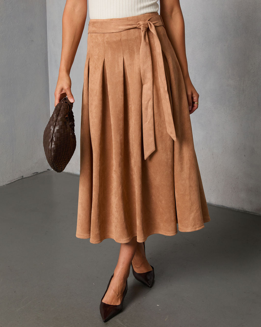 Table Ready Suede Waist Tie Pleated Midi Skirt