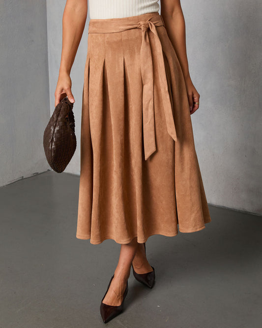 Table Ready Suede Waist Tie Pleated Midi Skirt