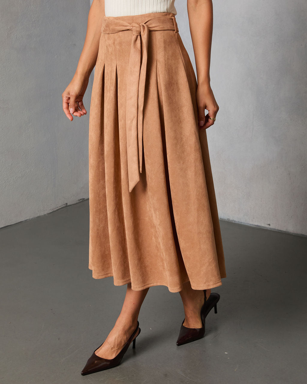 Table Ready Suede Waist Tie Pleated Midi Skirt