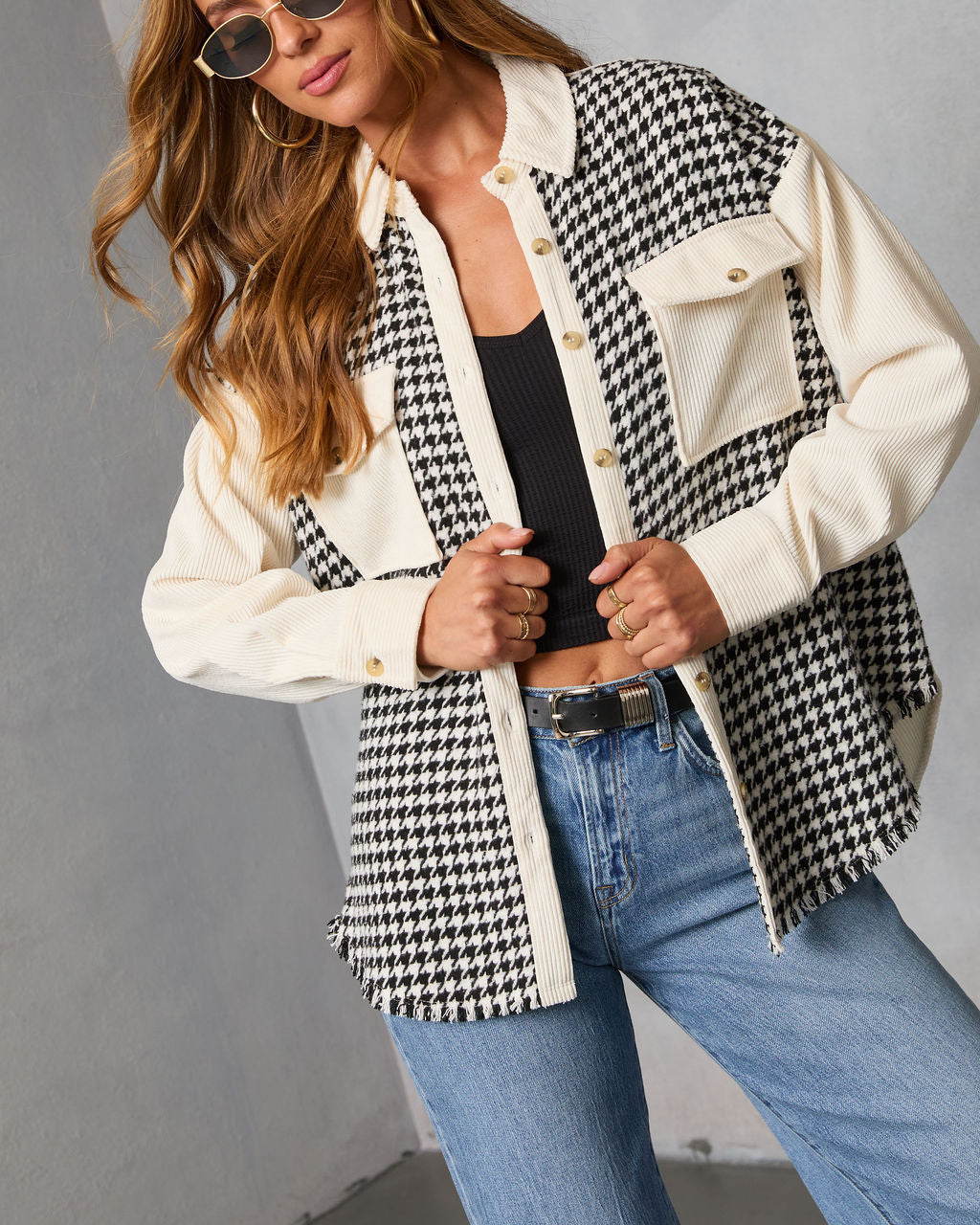 Klarah Houndstooth Button Front Shirt Jacket