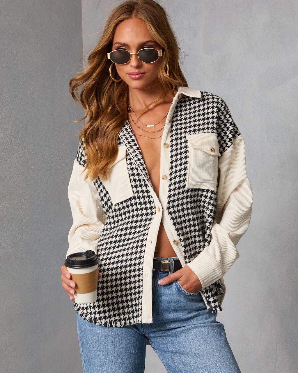 Klarah Houndstooth Button Front Shirt Jacket