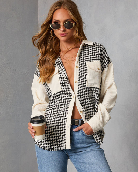 Klarah Houndstooth Button Front Shirt Jacket