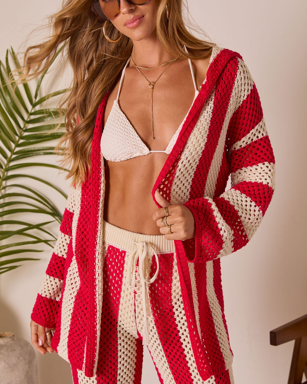 Zenya Cove Crochet Striped Cover Up Hooded Cardigan