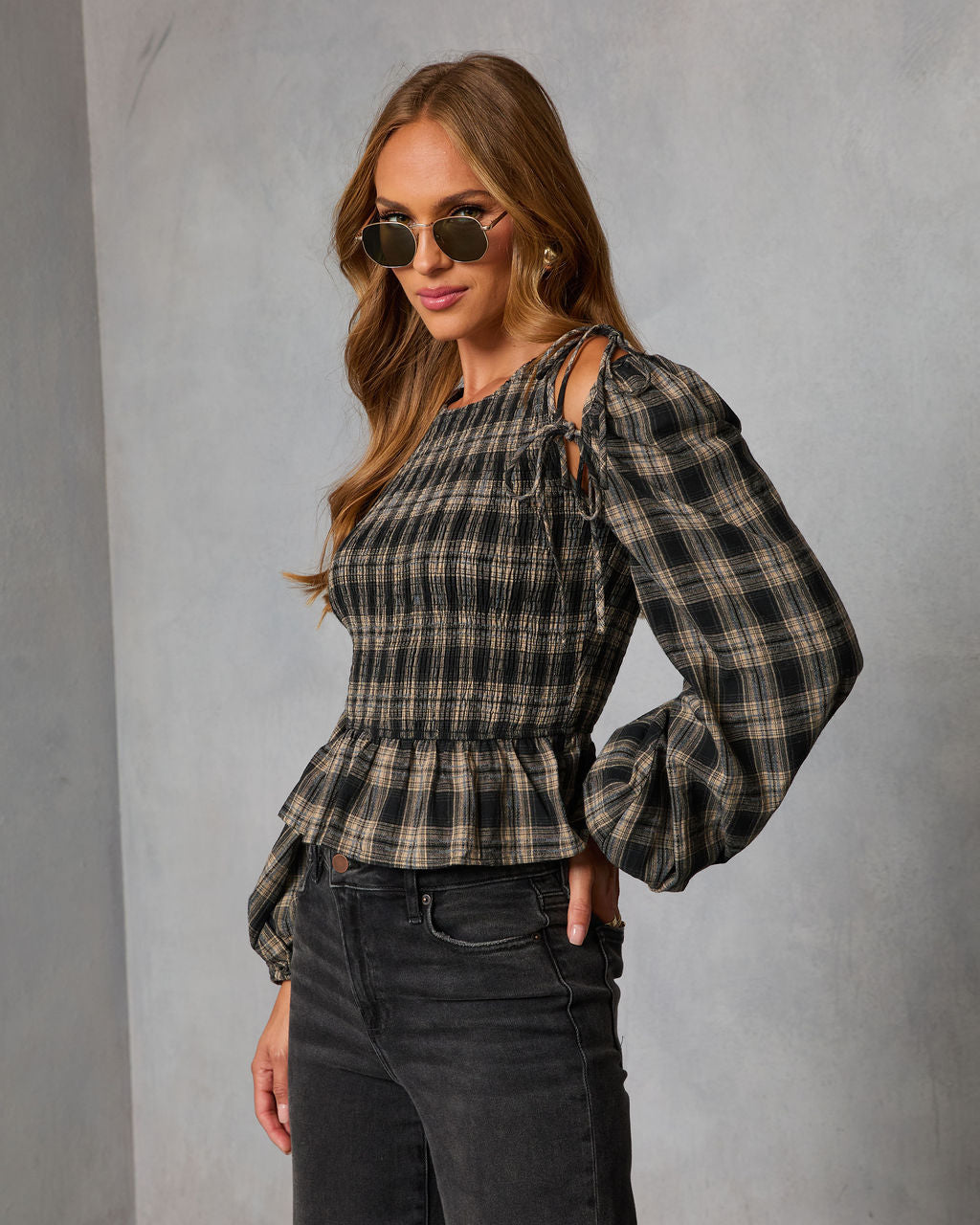 Veralie Smocked Plaid Peplum Top