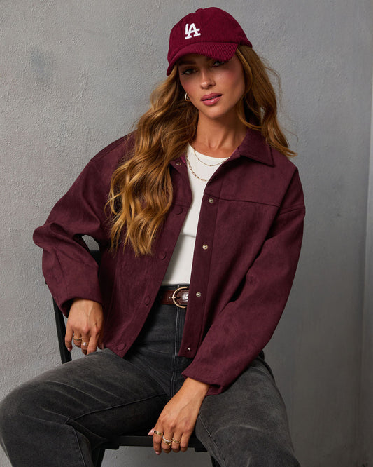Plum Skies Suede Front Button Shirt Jacket