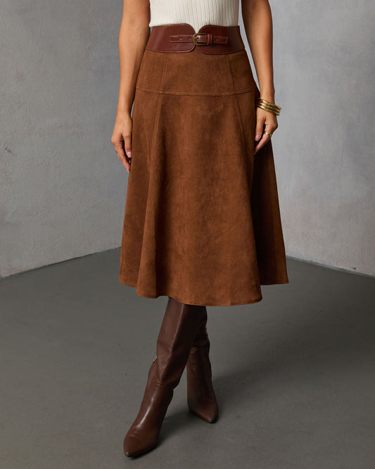 Burnt Maple Belted Suede Midi Skirt