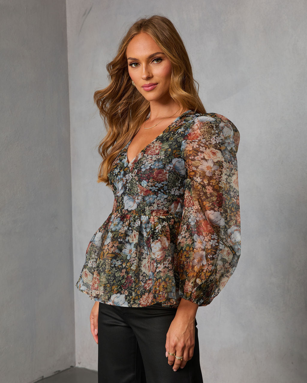 Mulled Rose Organza Printed Peplum Blouse