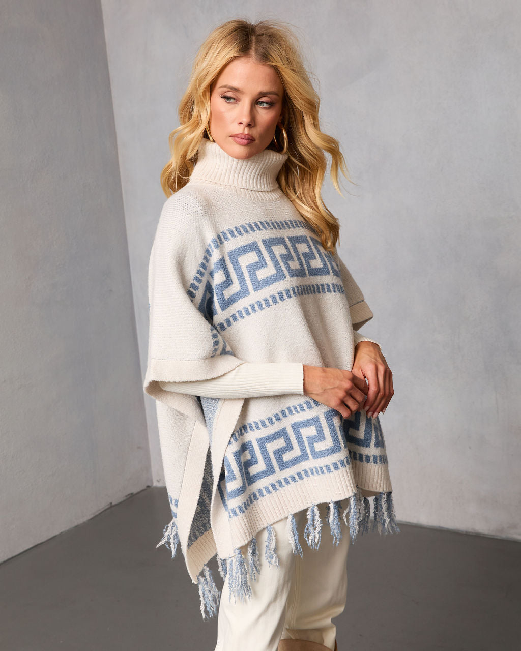 Maly Abstract Fringe Trim Poncho Sweater