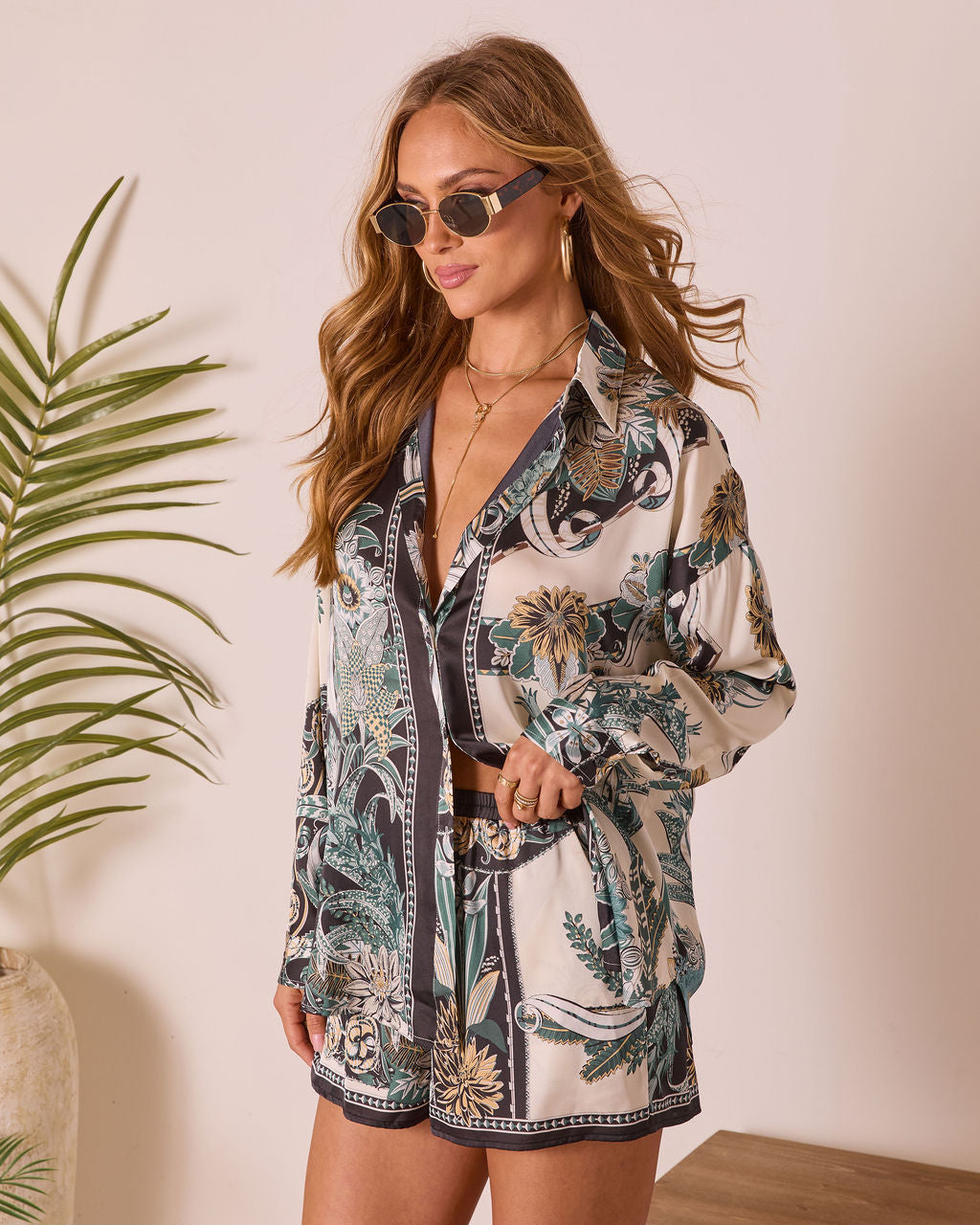 Island Current Abstract Printed Button Up Top