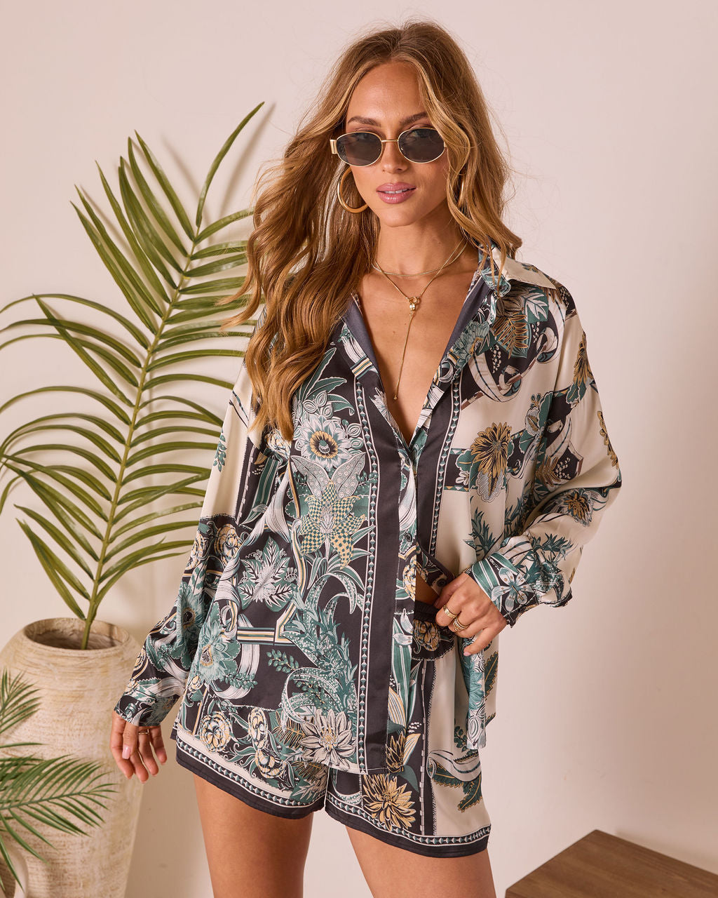Island Current Abstract Printed Button Up Top