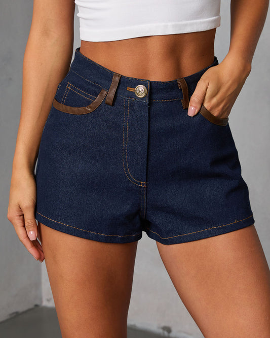 Remon Leather Trim Rigid Denim Shorts