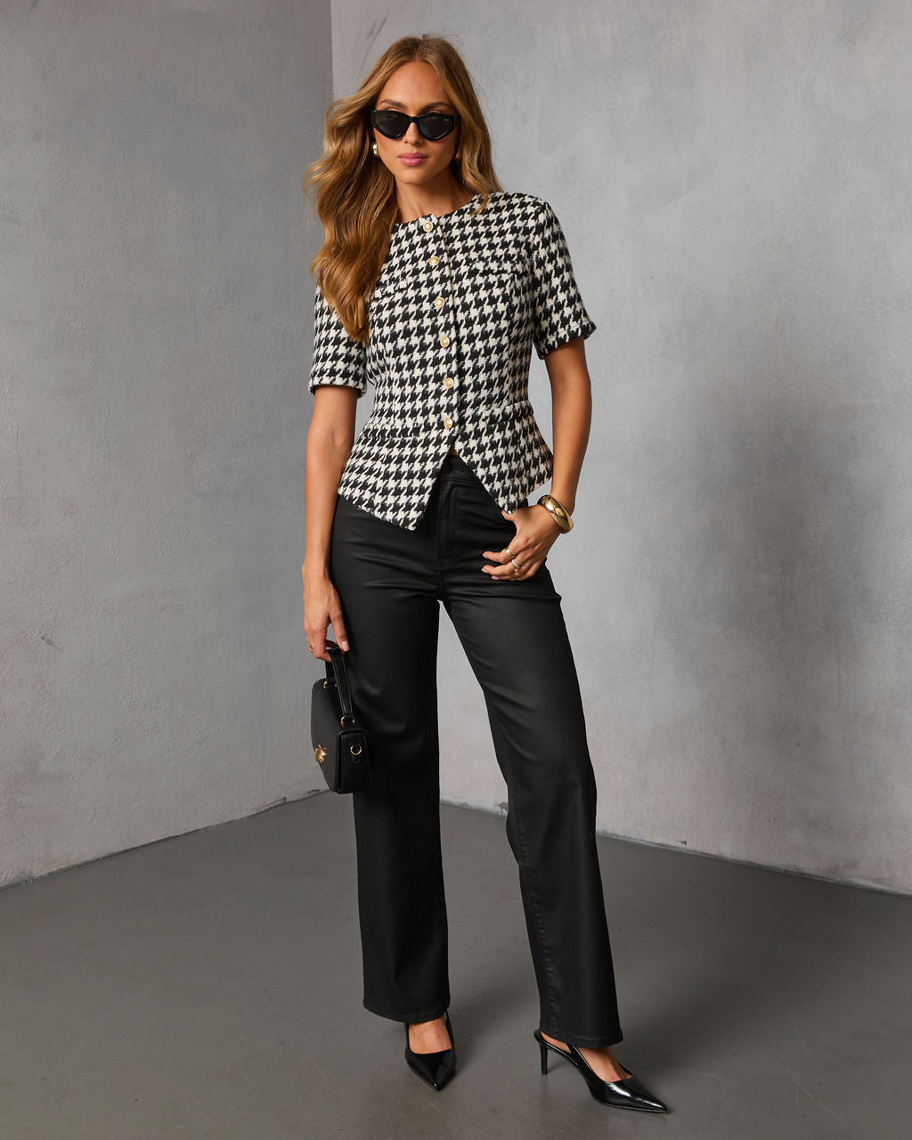 Seeley Short Sleeve Collarless Houndstooth Blazer