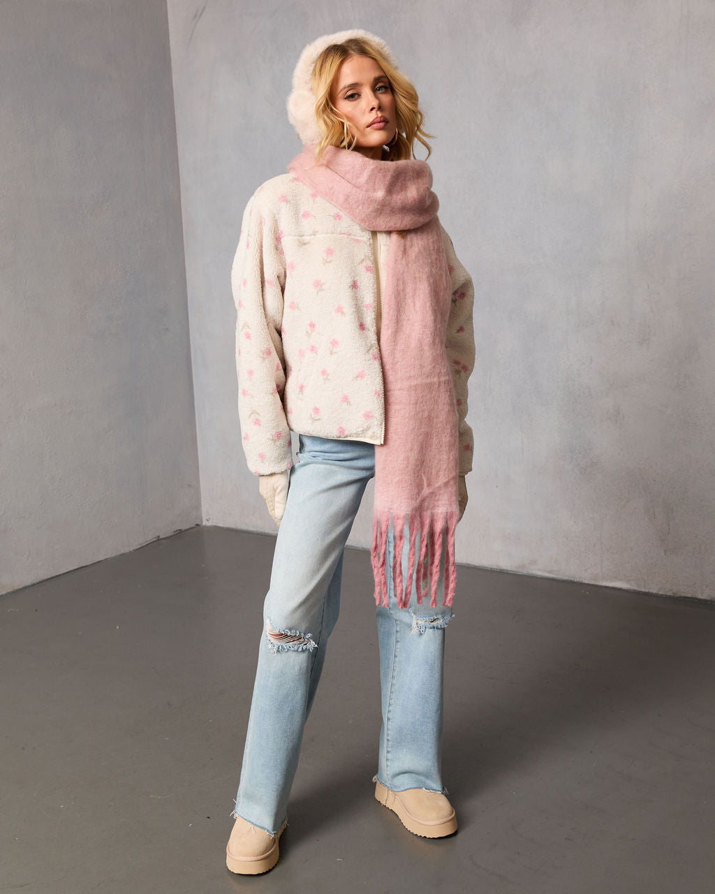 Winter Petal Printed Teddy Jacket