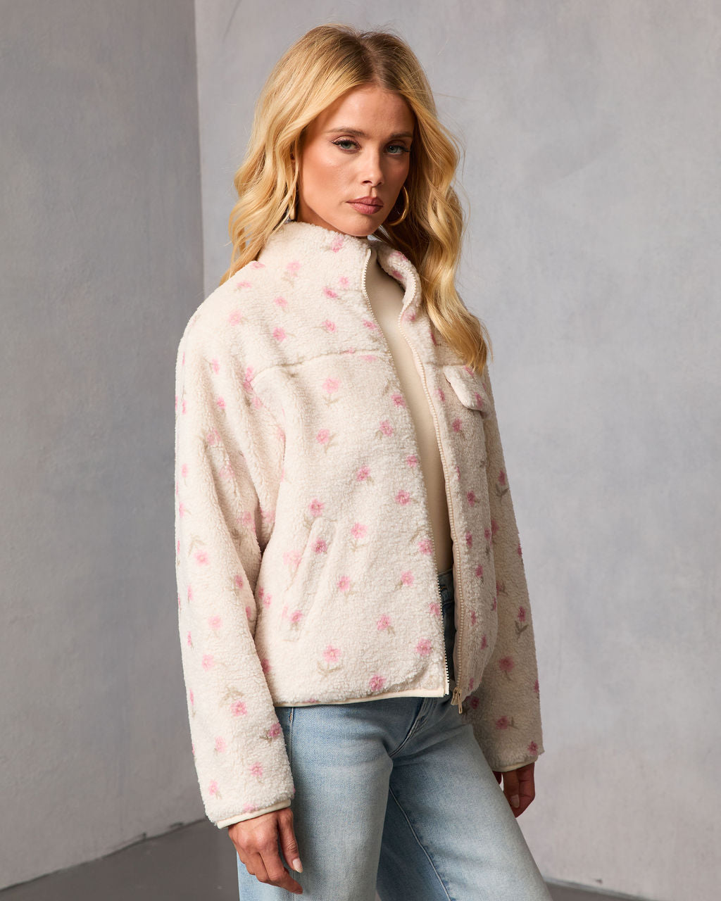 Winter Petal Printed Teddy Jacket