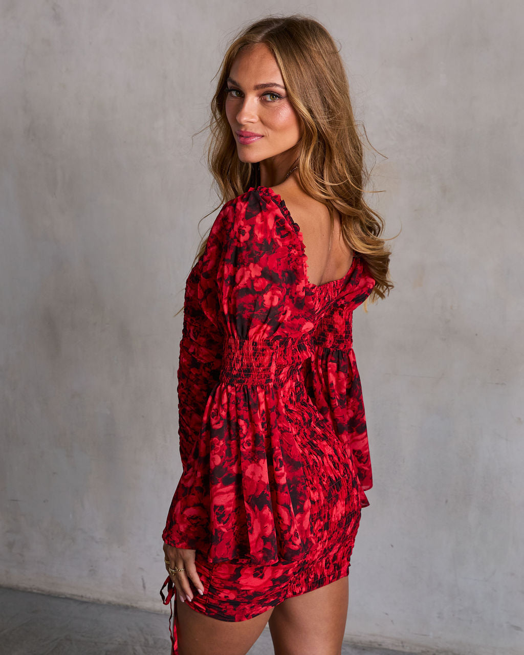 Precious Poppies Ruched Bell Sleeve Mini Dress