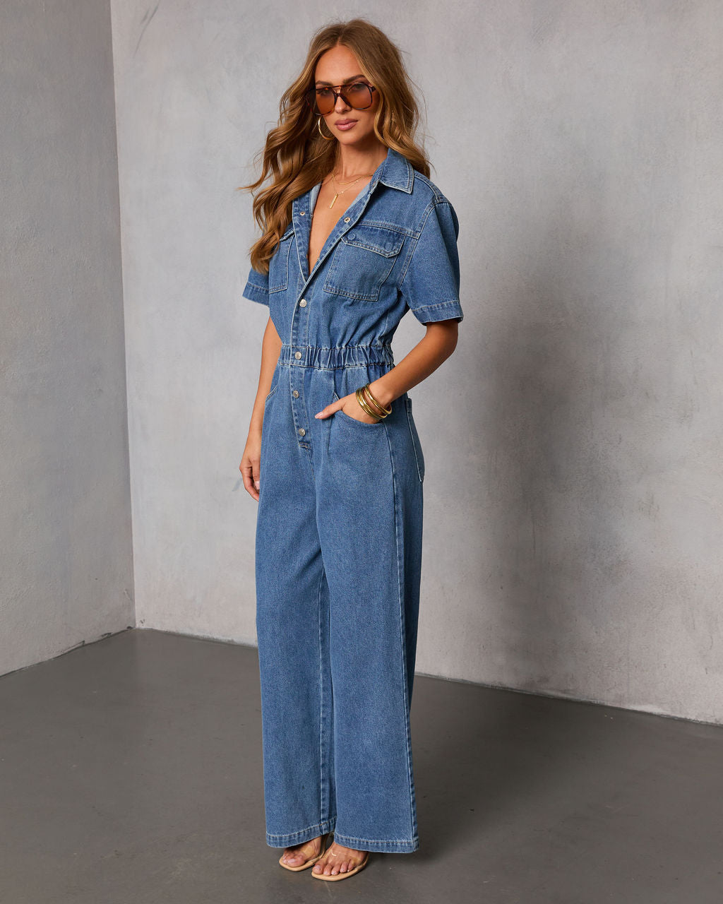 Shelina Short Sleeve Denim Jumpsuit