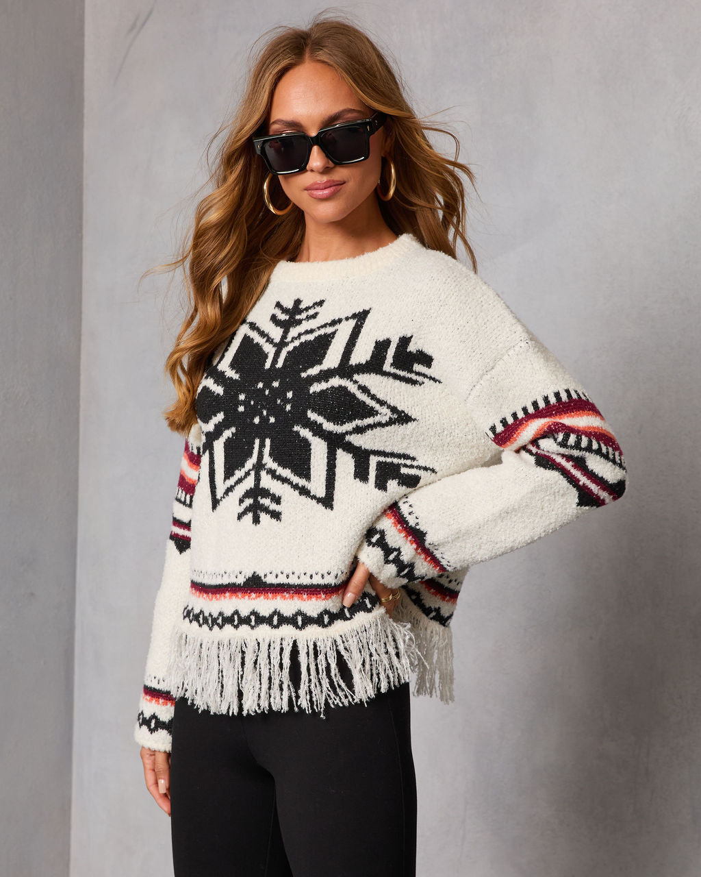 Dreval Fringe Snowflake Fair Isle Sweater