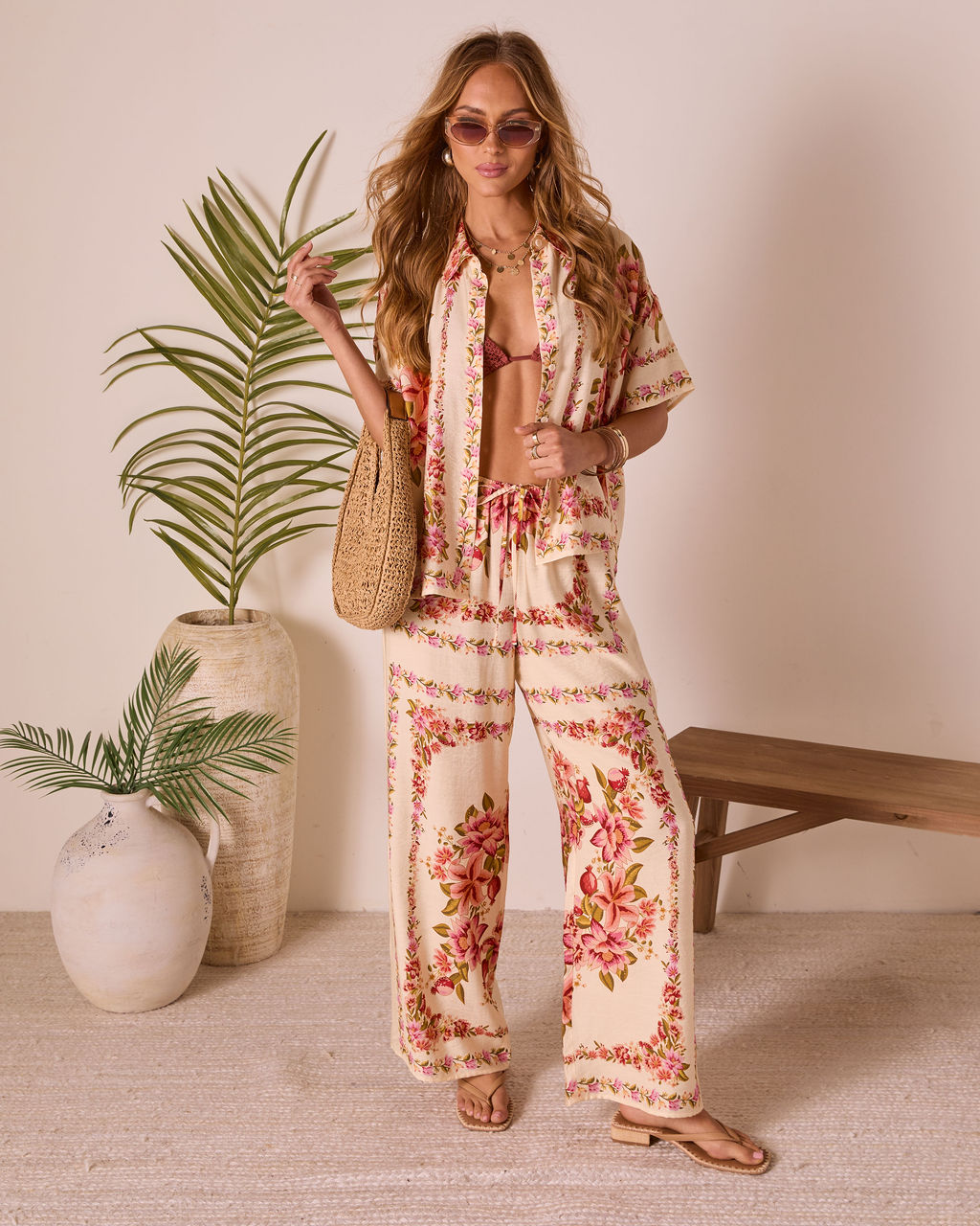 Hibiscus Haze Abstract Printed Button Up Top