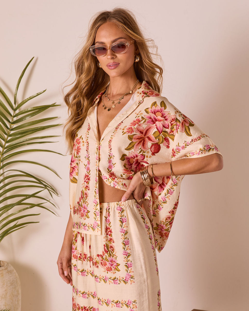 Hibiscus Haze Abstract Printed Button Up Top